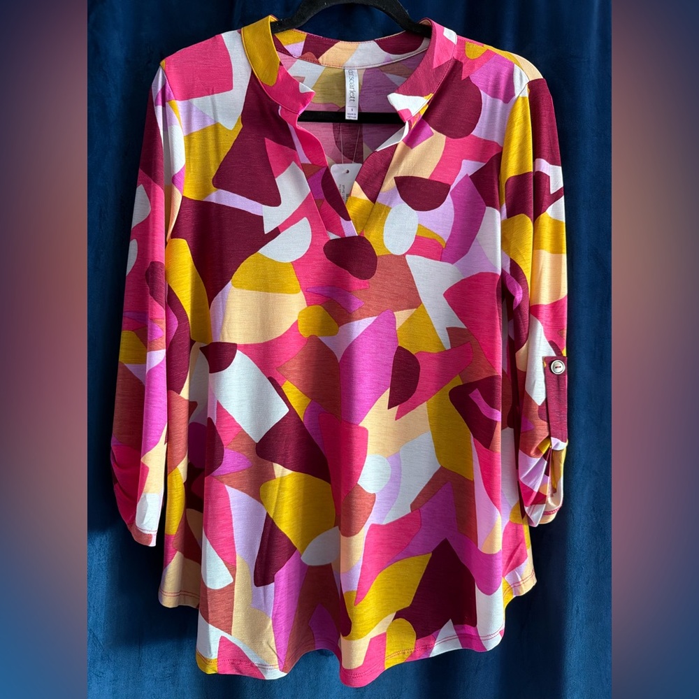 Vibrant Abstract Print V-Neck Tunic Top - Pink Multi Dear Scarlett